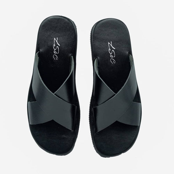 Ls Pure Leather Handmade Cross Black Chappal-608 Chappal