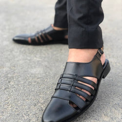 Ls Pure Leather Handmade Strips Black Sandal-671 Sandal
