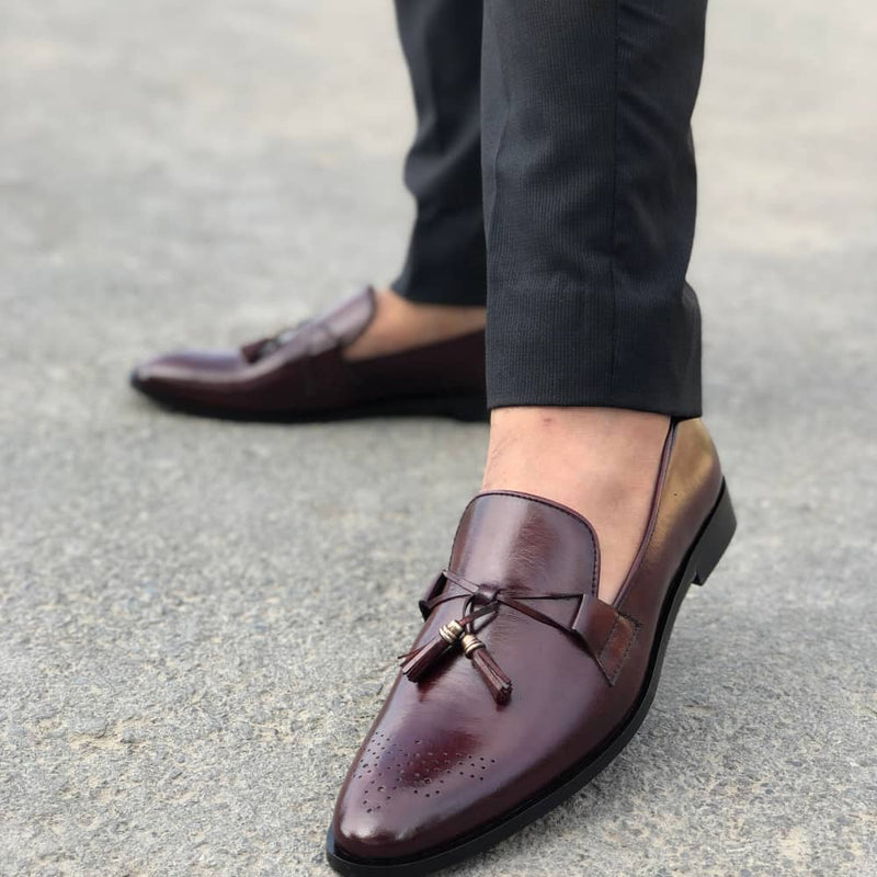 Ls Pure Leather Handmade Tussel Oxblood Formal Shoes-829 Shoes